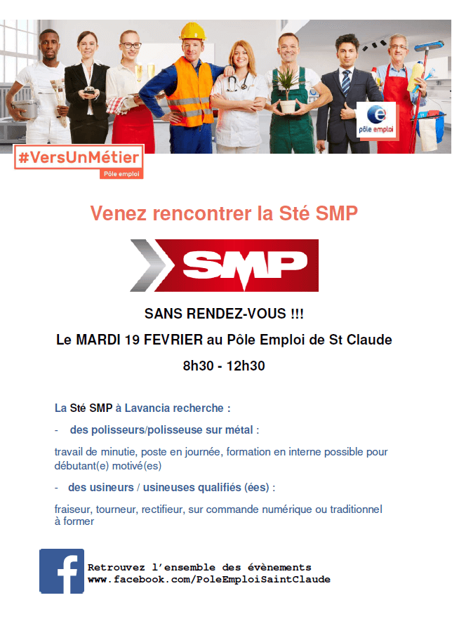 Affiche Hall du Recrutement _ Pôle Emploi. 
Les métiers où SMP recrutent.